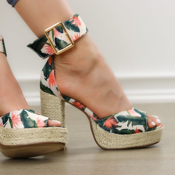 Floral Print Platform Espadrilles, Ankle Buckle - Picture 8 of 11